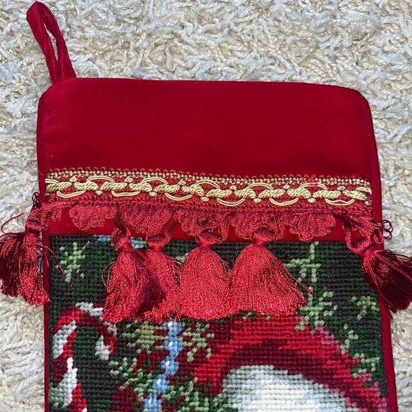 VINTAGE SANTA CLAUS CHRISTMAS STOCKING CROSS STITCH HANDMADE USA RED - Picture 5 of 12